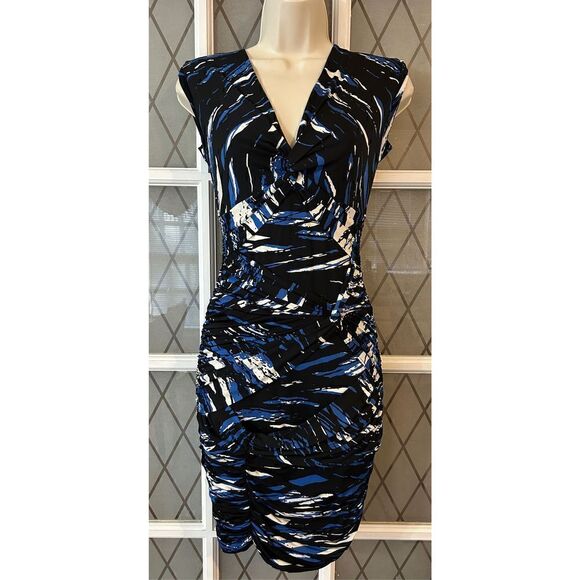 BCBGmaxazria LARKSPUR BLUE RUCHED CAP SLEEVE RAYON JERSEY DRESS Size XS - Picture 4 of 11